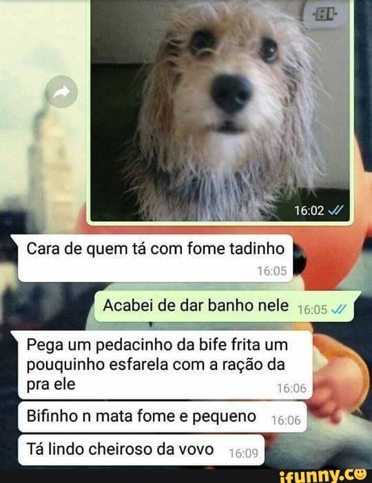 TE
Pega um pedacinho da bife frita um
pouquinho esfarela com a ração da
pra ele
Bifinho n mata fome e pequeno
Tá lindo cheiroso da vovo
6:05