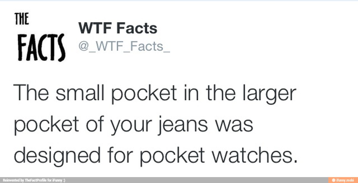 WTF Facts
FACTS
The small pocket in the larger
pocket of your jeans was
designed for pocket watches.