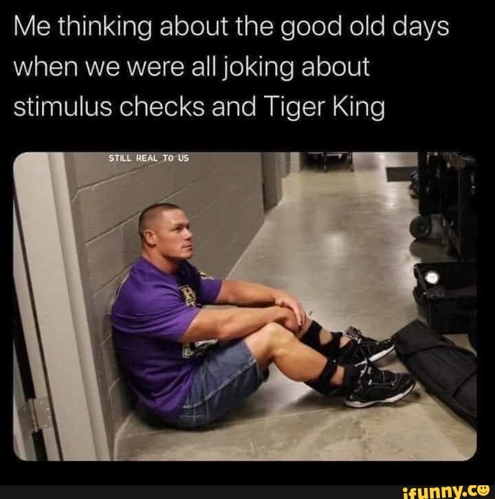 Me thinking about the good old days
when we were all joking about
stimulus checks and Tiger King