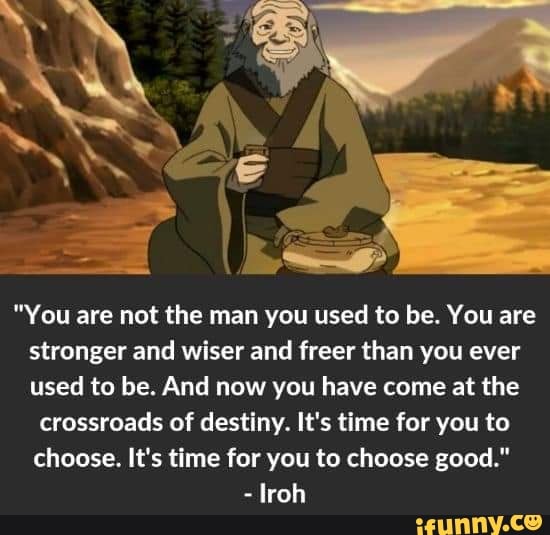 "You are not the man you used to be. You are stronger and wiser and freer than you ever used to be. And now you have come at the
crossroads of destiny. It's time for you to choose. It's time for you to choose good."
-lroh