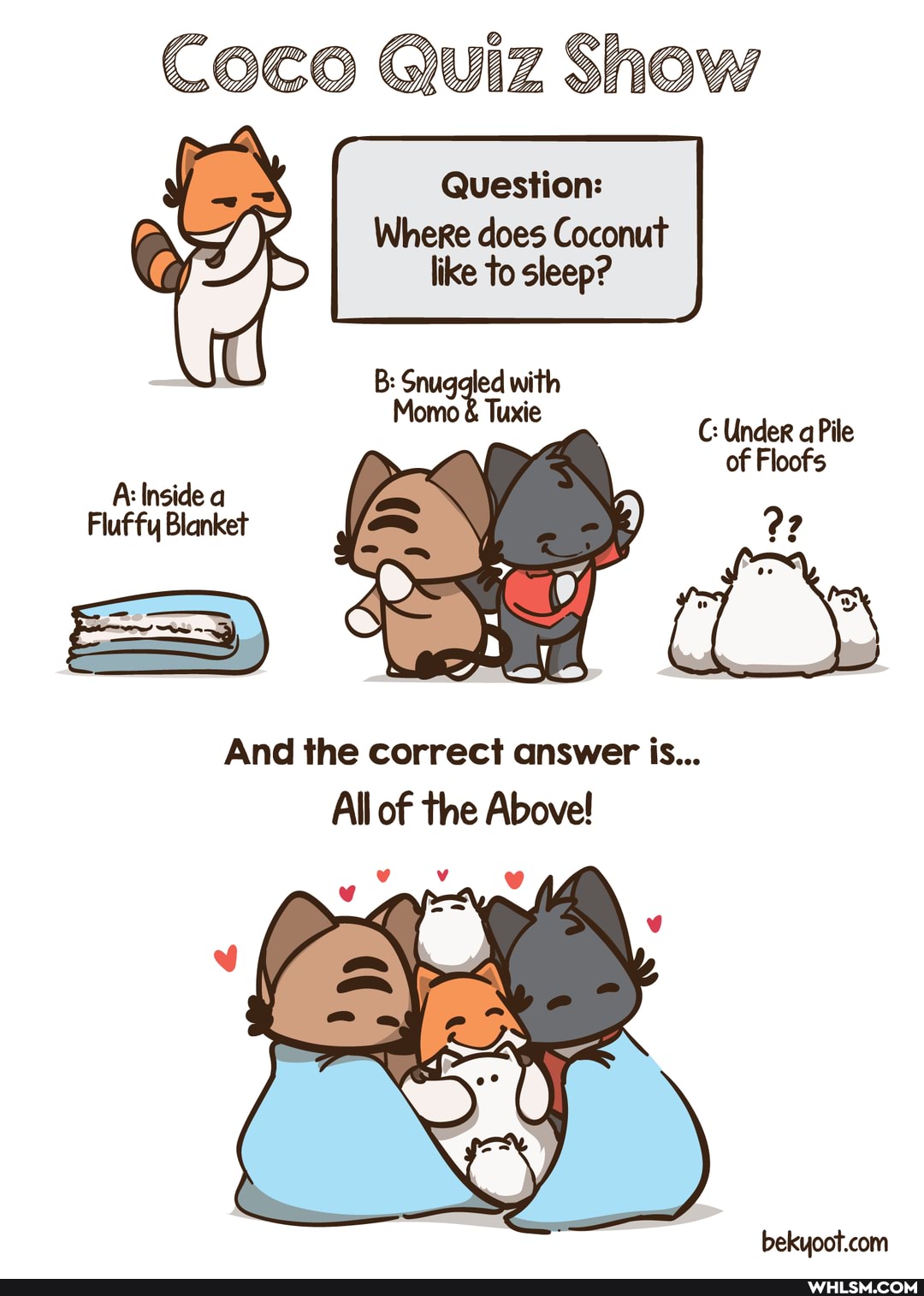 Cece Quiz Show
Question:
Where does Coconut like to sleep?
B: Snug led with
Momo & Tuxie C: Under a Pile of Floofs
A: Inside a
Fluffy Blanket
And the correct answer is...
All of the Above!