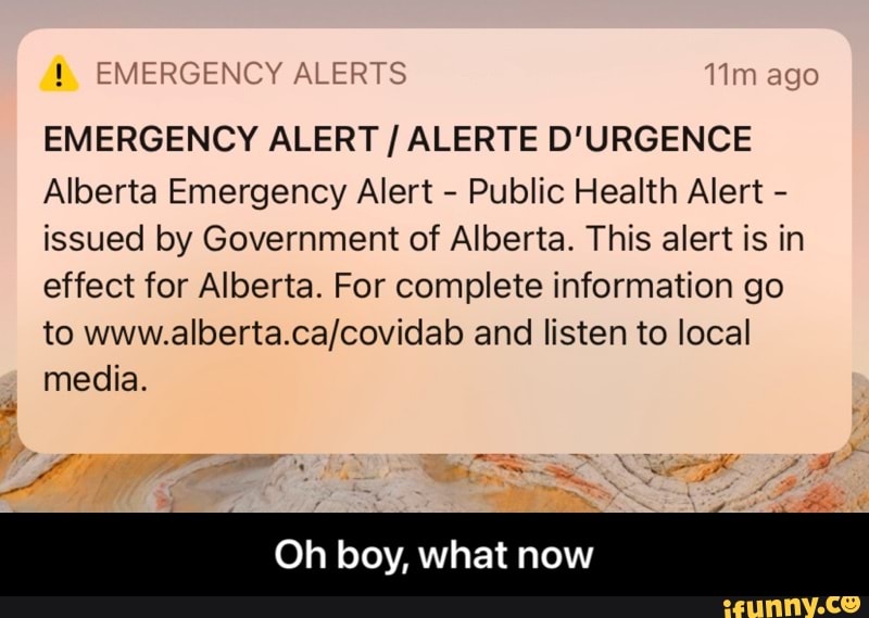@y EMERGENCY ALERTS Tim ago
EMERGENCY ALERT / ALERTE D'URGENCE Alberta Emergency Alert - Public Health Alert - issued by Government of Alberta. This alert is in effect for Alberta. For complete information go
to and listen to local media.
Oh boy, what now - Oh boy, what now