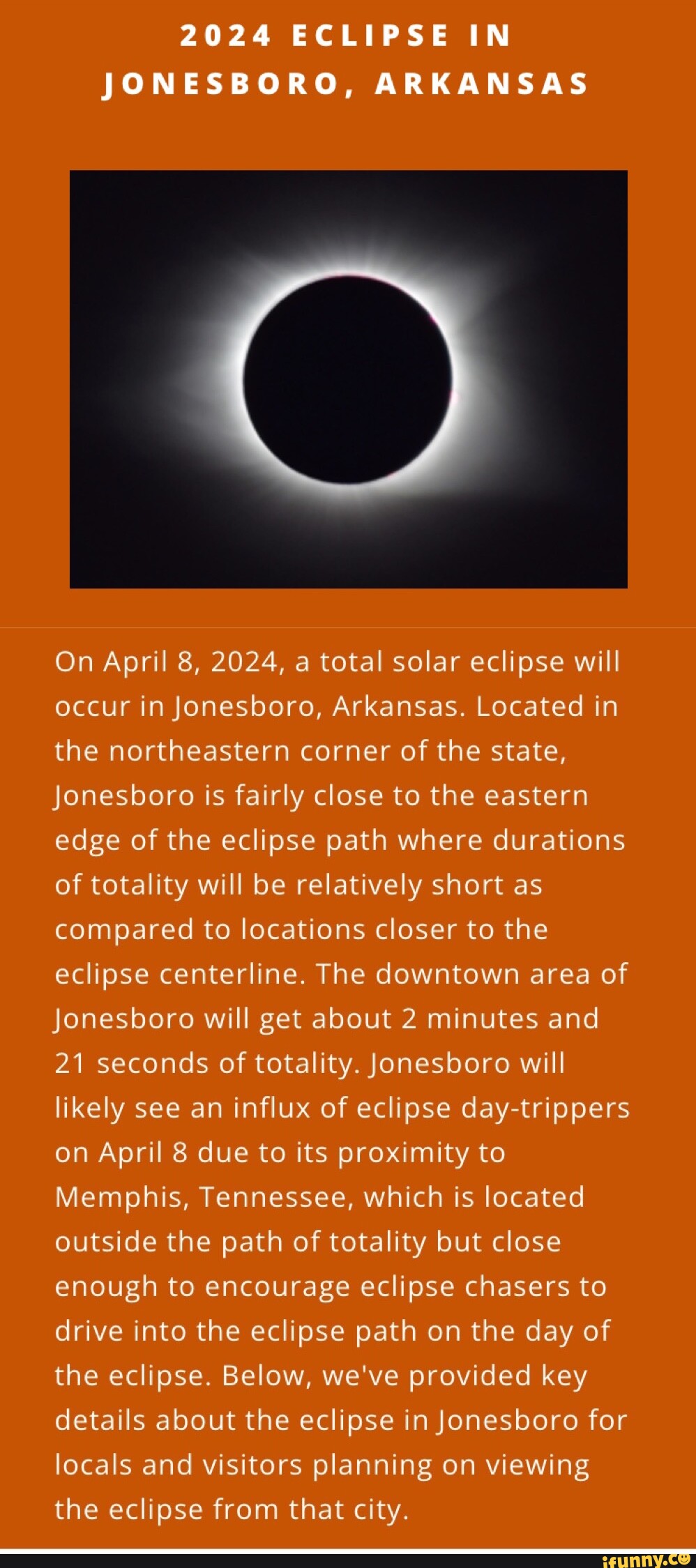 2024 ECLIPSE IN JONESBORO, ARKANSAS On April 8, 2024, a total solar
