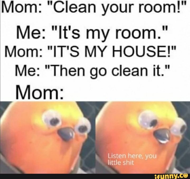 Mom "Clean your room!" Me "It's my room." Mom "IT'S MY HOUSE!" Me