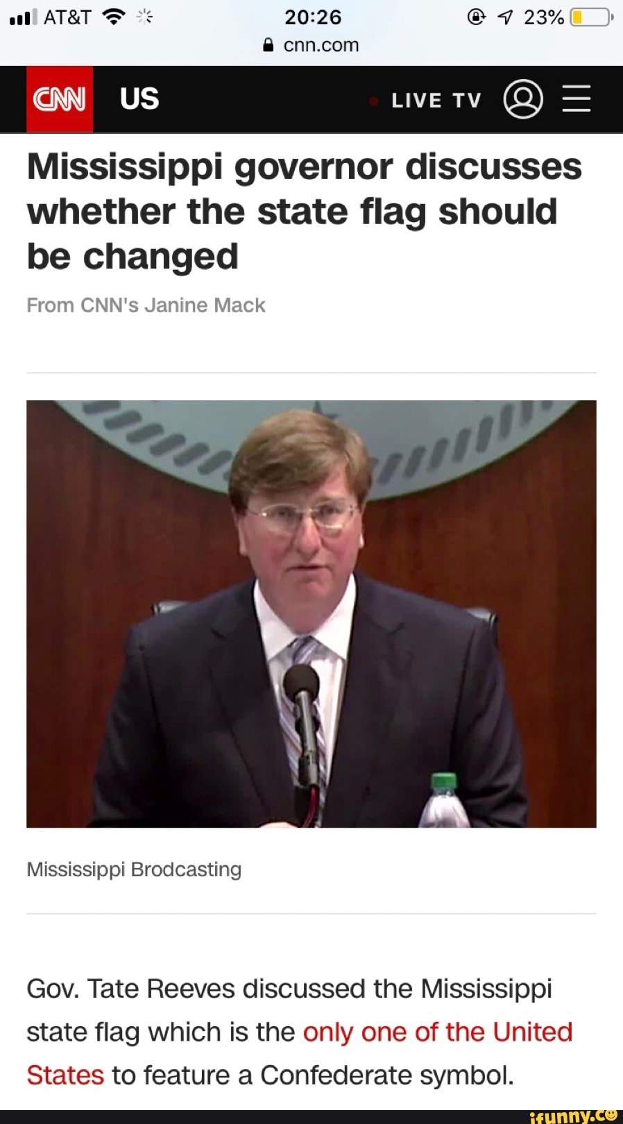 Mississippi governor discusses
whether the state flag should
be changed
Gov. Tate Reeves discussed the Mississippi
state flag which is the only one of the United
States to feature a Confederate symbol.