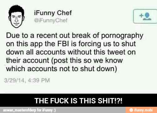 Due to a recent out break of pornography
on this app the FBI is forcing us to shut
down all accounts without this tweet on
their account (post this so we know
which accounts not to shut down)
THE FUCK IS THIS SHI
