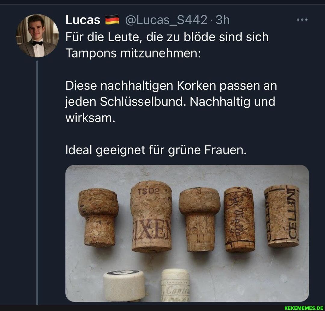 Lucas @Lucas_S4423h
Für die Leute, die zu blöde sind sich
Tampons mitzunehmen:
Diese nachhaltigen Korken passen an jeden Schlüsselbund. Nachhaltig und wirksam.
Ideal geeignet für grüne Frauen.