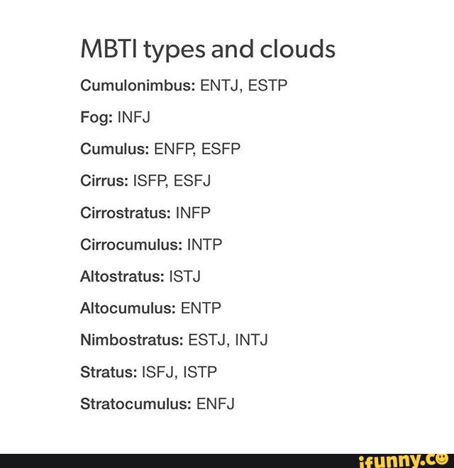 Mbti Types And Clouds Cumulonimbus Entj Estp Fog Infj Cumulus Enfp Esfp Cirrus Isfp Esfj Cirrostratus Infp Cirrccumulus Intp Altostratus Istj Altocumulus Entp Nimbostratus Estj Intj Stratus Isfj Istp Stratocumulus Enfj