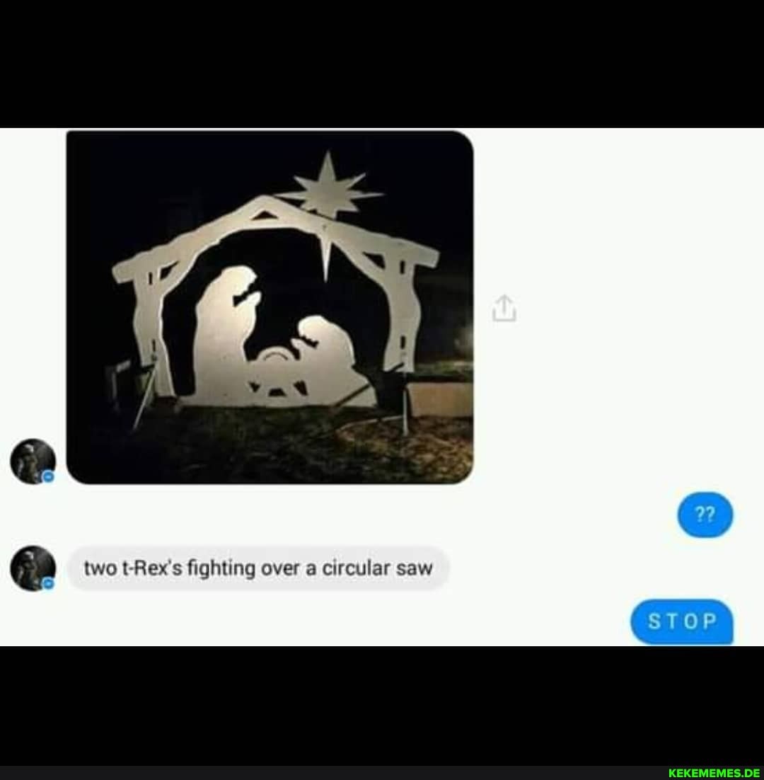 Ga two Rex fighting over a circular saw
STOP