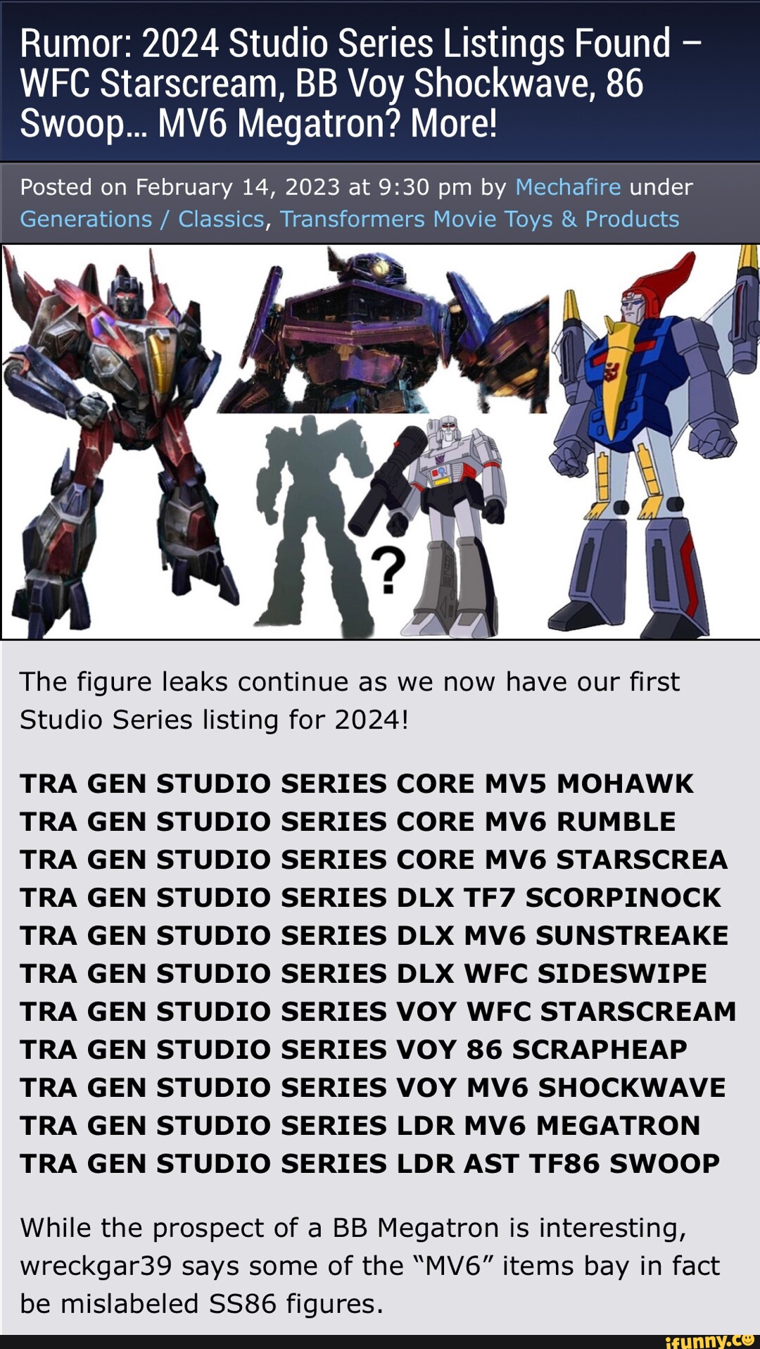 Rumor 2024 Studio Series Listings Found WFC Starscream, BB Voy