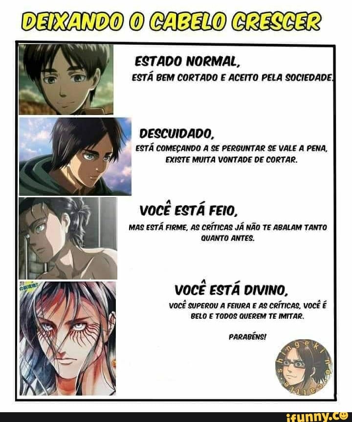 CERANDO CRESCER
ESTADO NORMAL,
ESTÁ BEM CORTADO E ACEITO PELA SOCIEDADE
DESCUIDADO,
ESTÁ COMEÇANDO A SE PERGUNTAR SE VALE A PENA,
EXISTE MUITA VONTADE DE CORTAR.
VOCÊ ESTÁ FEIO,
MAS ESTÁ FIRME, AS CRÍTICAS JÁ NÃO TE ABALAM TANTO QUANTO ANTES.
VOCÊ ESTÁ DIVINO,
VOCÊ SUPEROU FEIURA E AS CRÍTICAS, VOCÊ É BELO E TODOS QUEREM TE IMITAR.
PARABÉNS!