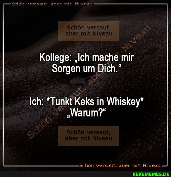 Kollege: "Ich mache mir
Sorgen um Dich."
Ich: *Tunkt Keks in Whiskey*
"Warum?"