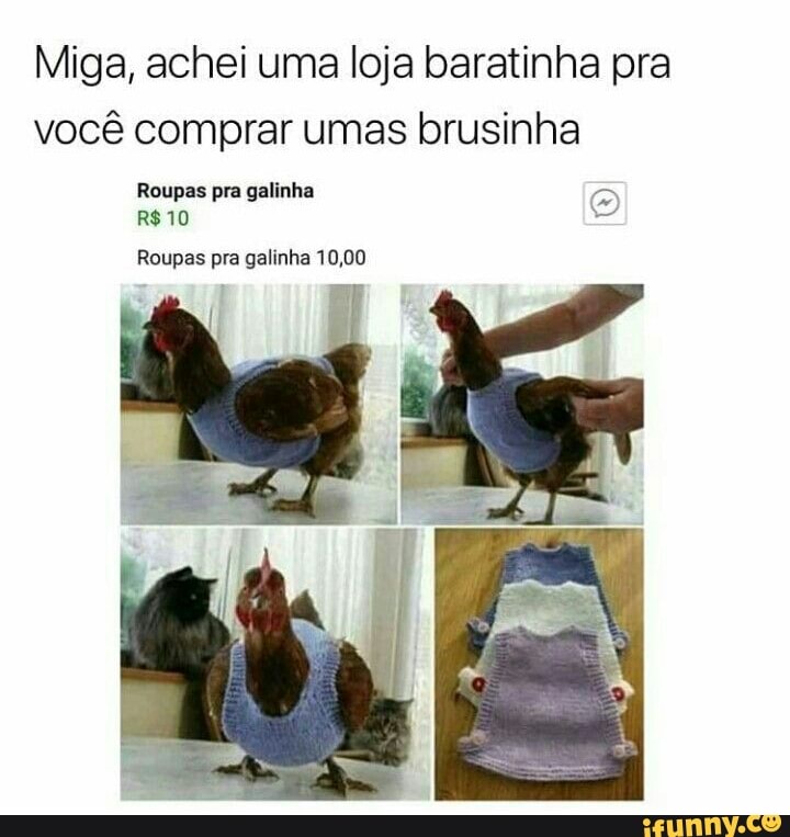 Miga, achei uma loja baratinha pra
você comprar umas brusinha
Roupas pra galinha ®
Roupas pra galinha 10,00