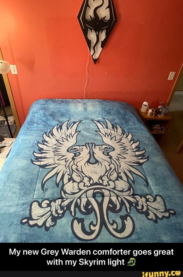 My new Grey Warden comforter goes great with my Skyrim light - My new Grey Warden comforter goes great with my Skyrim light π