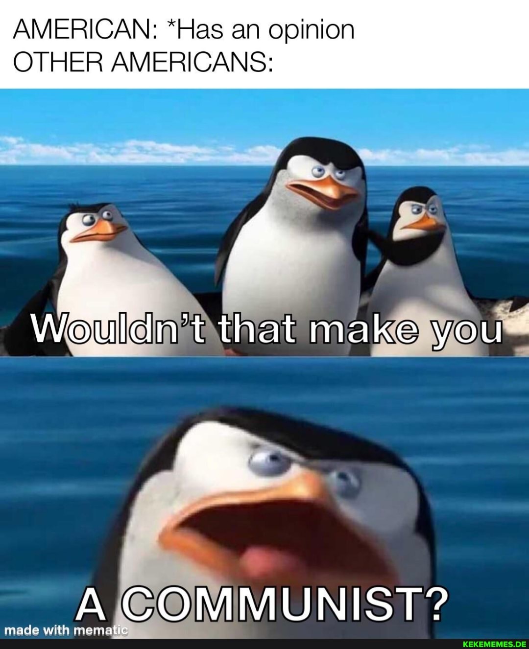 AMERICAN: *Has an opinion
OTHER AMERICANS:
Wotldn't that make you
_A COMMUNIST?