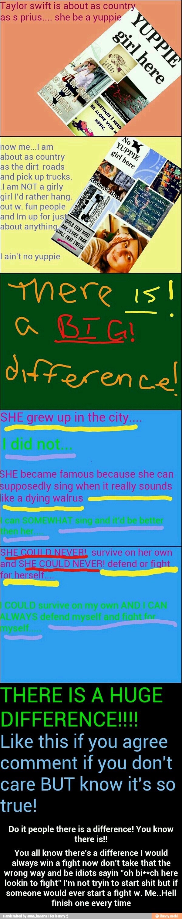 Taylor swift is about as country - You all know there's a difference I would always win a fight now don't take that the wrong way and be idiots sayin "oh bi**ch here lookin to fight" I'm not tryin to start shit but if someone would ever start a fight w. Me..Hell finish one every time