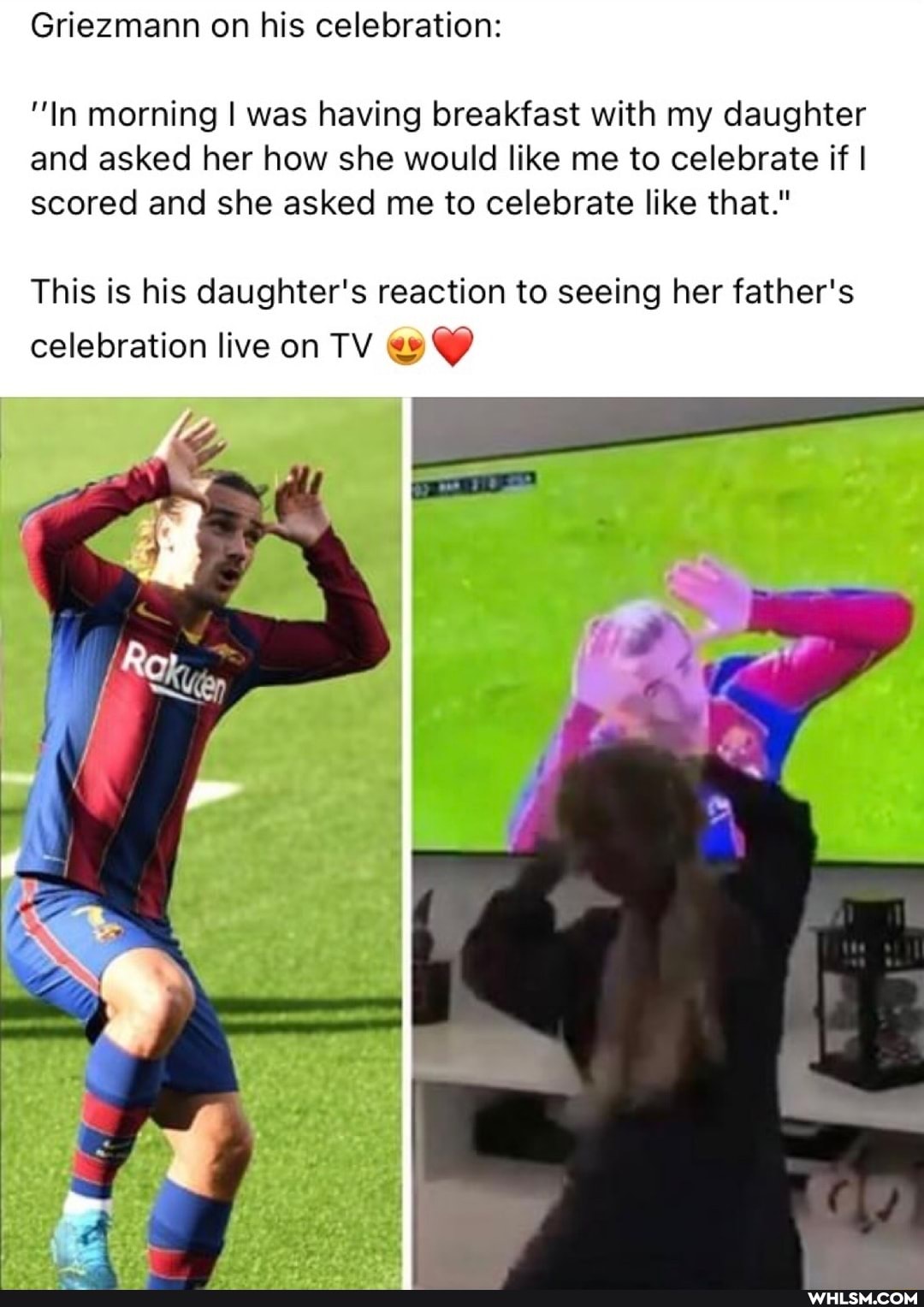 Griezmann on his celebration:
"In morning I was having breakfast with my daughter and asked her how she would like me to celebrate if I scored and she asked me to celebrate like that."
This is his daughter's reaction to seeing her father's celebration live on TV