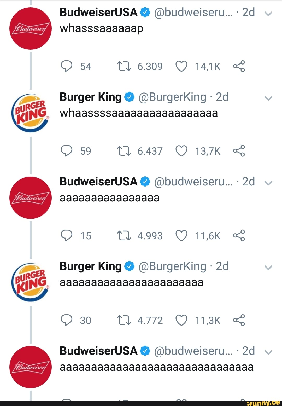 BudweiserUSA @budweisetu... whasssaaaaaap
Burger King (DBurgerKing R
BudweiserUSA @budweisetu... fofefeefe foefefe foefefe fefefel
Burger King (DBurgerKing BudweiserUSA @budweisetu...