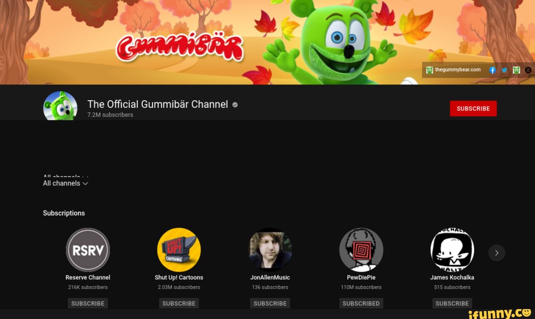The Official Gummibar Channel  subscribers All channels Subscriptions  Reserve Channel 216K subscribers SUBSCRIBE 'Shut Up! Cartoons   subscribers SUBSCRIBE JonAllenMusic 136 subscribers SUBSCRIBE PewDiePie  110M subscribers. SUBSCRIBED SUBSCRIBE ...