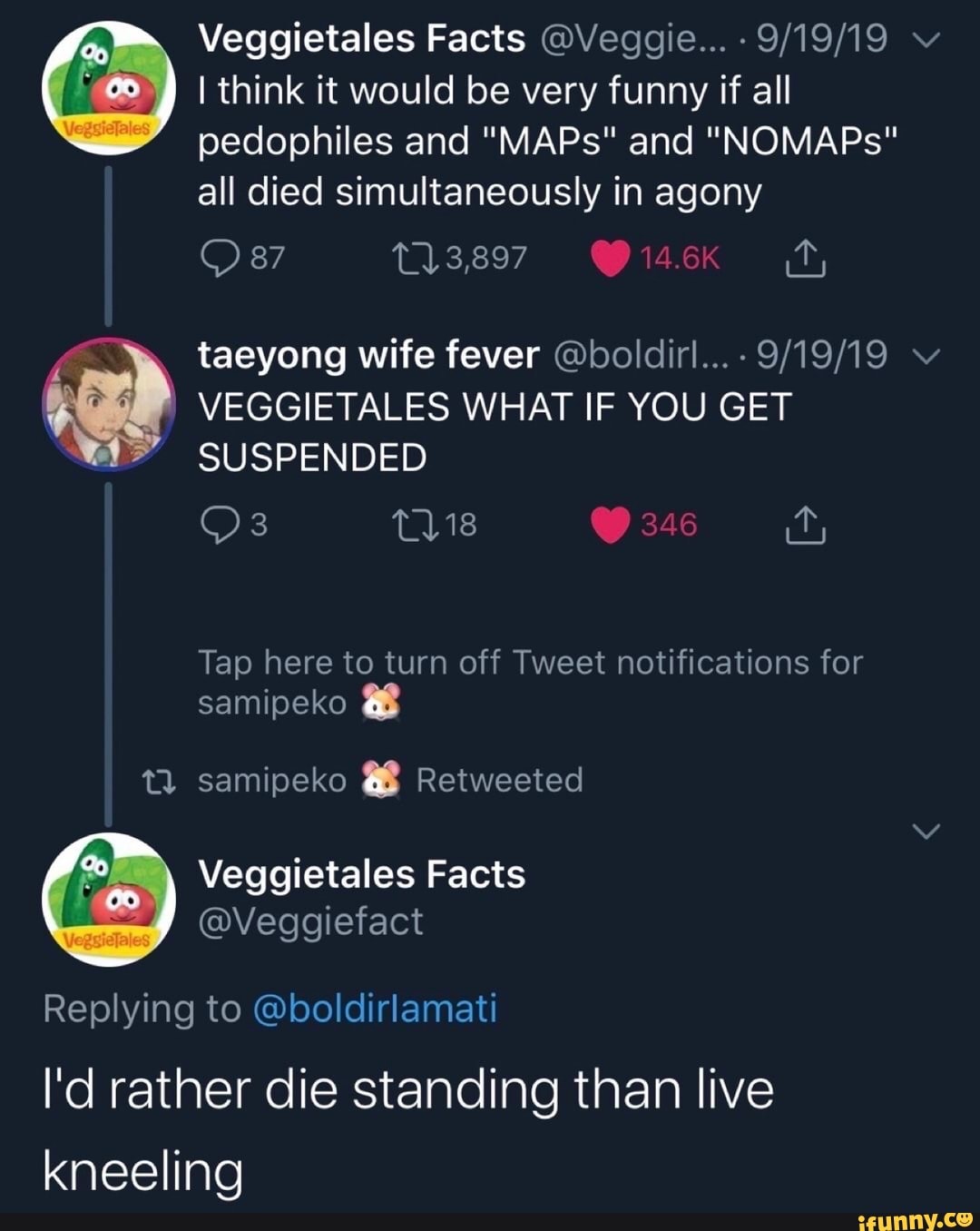 I'd rather die standing than live kneeling veggietales