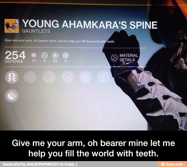 Give me your arm, oh bearer mine let me
help you fill the world with teeth. - Give me your arm, oh bearer mine let me help you fill the world with teeth.