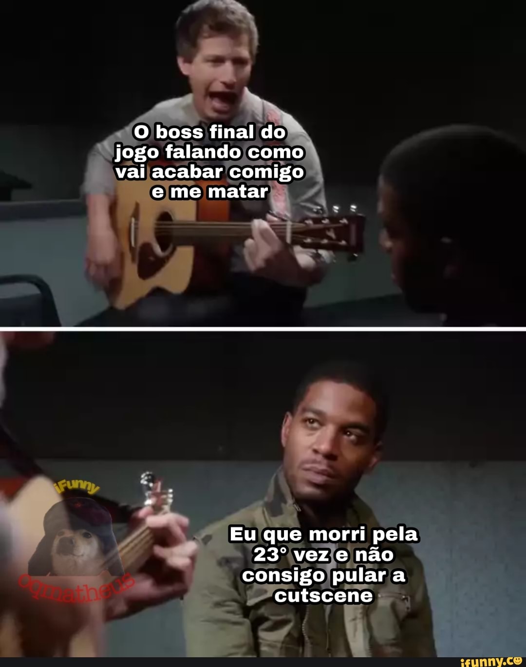 O boss final do jogo falando como vai acabar comigo
e me matar
Eu que morri pela vez e não consigo pular a cutscene