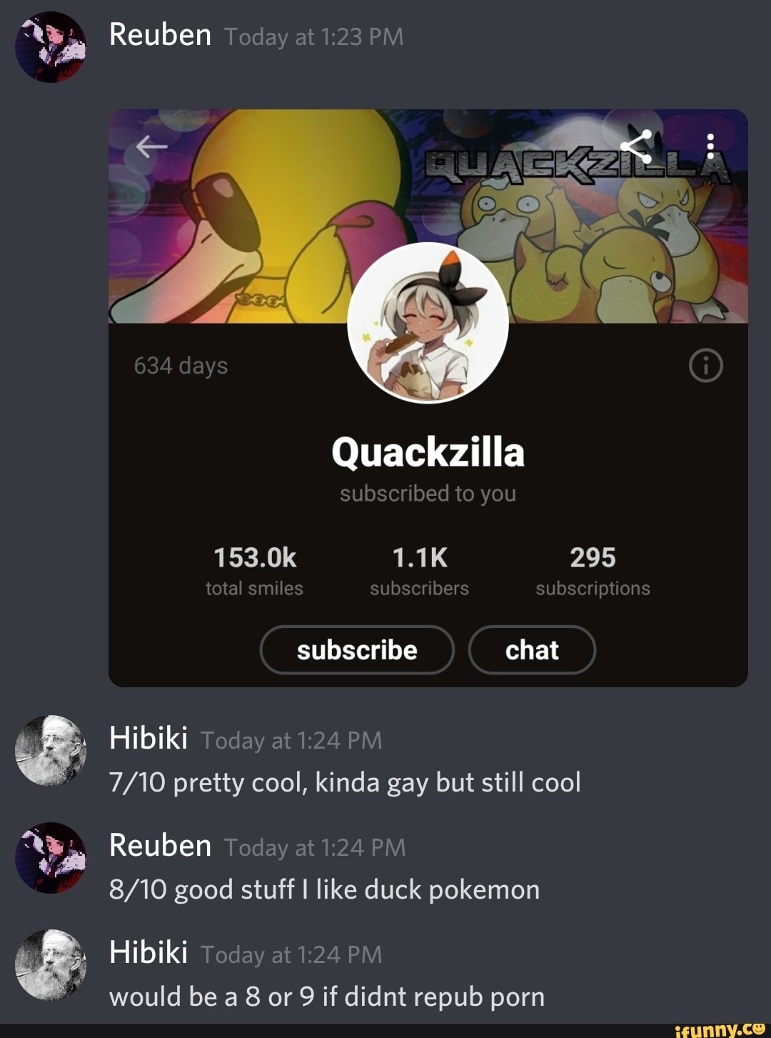 Reuben Today at PM 634 days Quackzilla subscribed to you 153.0k 1.1K ...