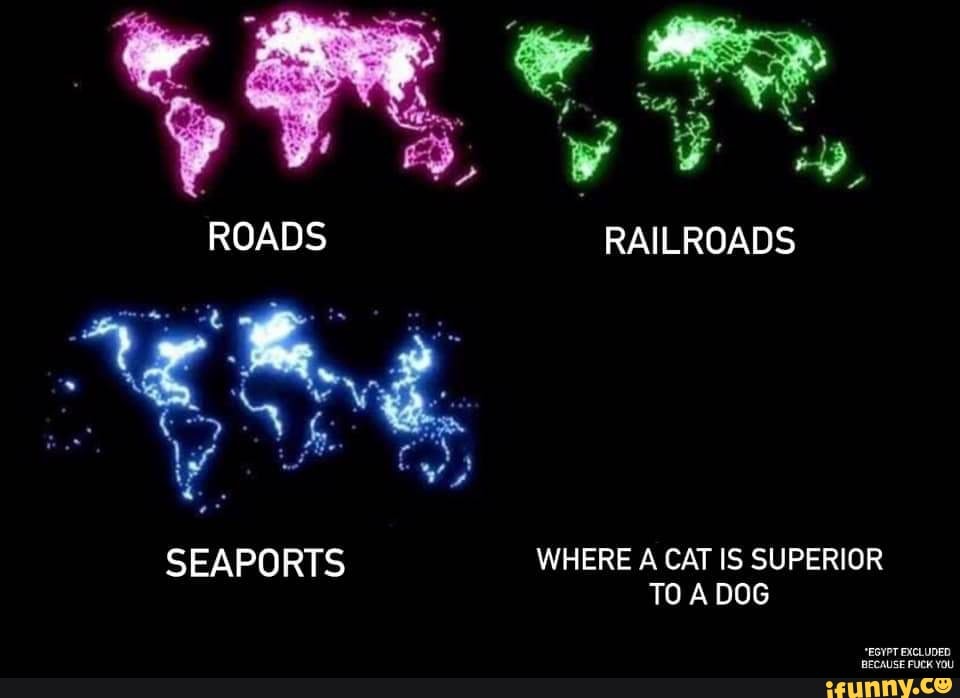 ROADS RAILROADS he
SEAPORTS WHERE CAT IS SUPERIOR
TO A DOG