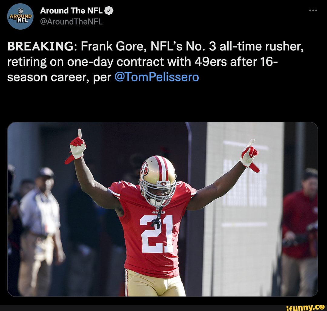 Frank Gore, NFL's No. 3 all-time rusher, retiring on one-day contract with  49ers after 16-season career