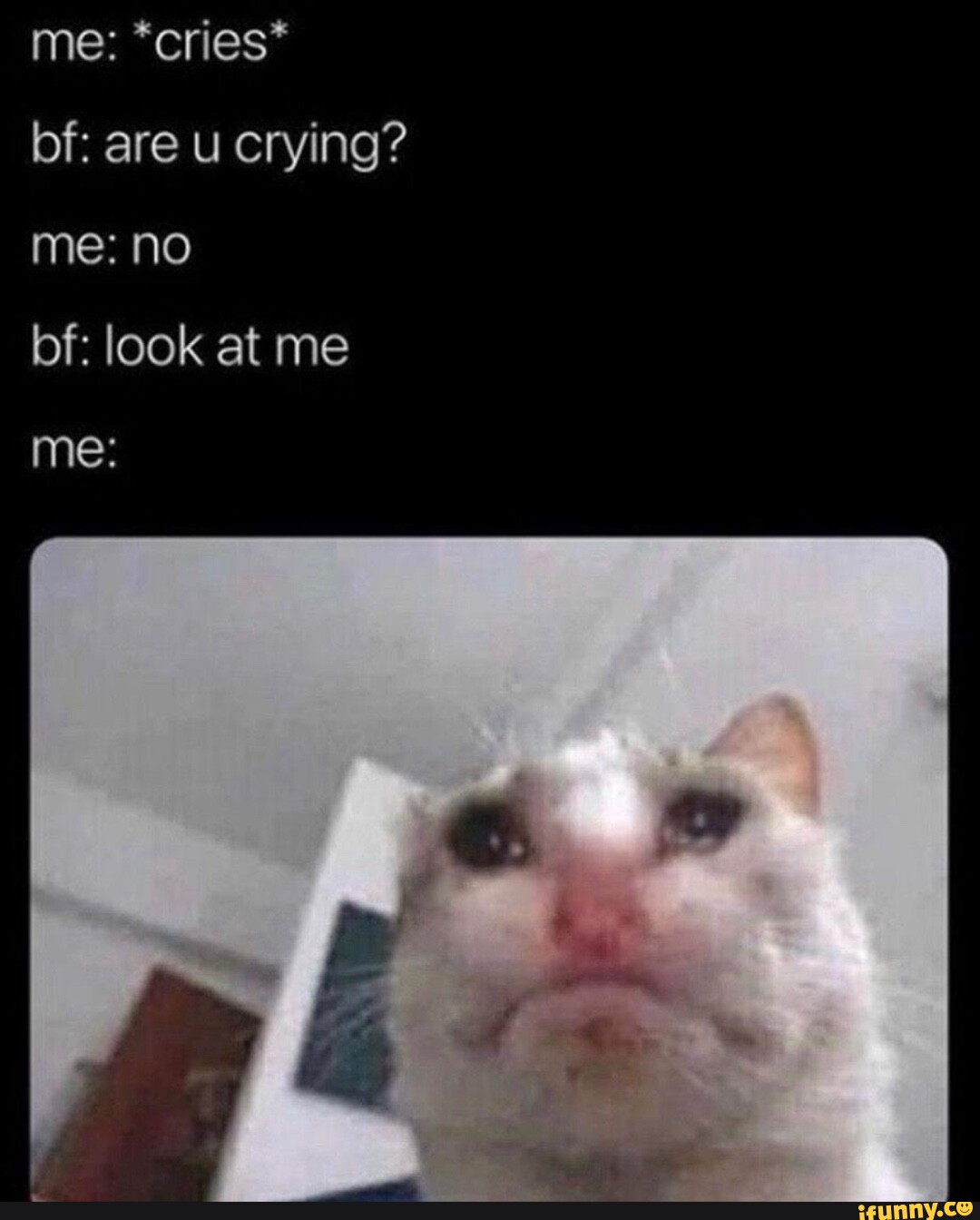 Me: *cries* bf: are u crying? me: no bf: look at me me: - iFunny