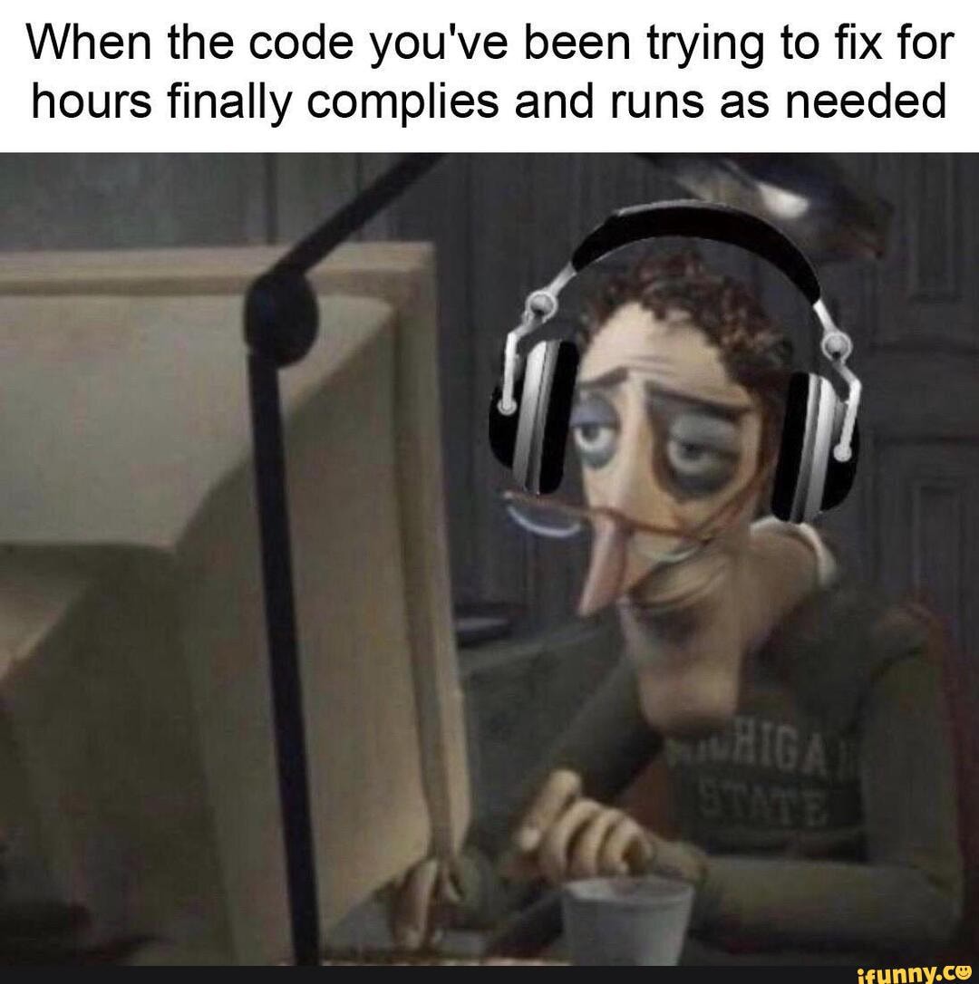 When the code you've been trying to fix for hours finally complies and runs as needed