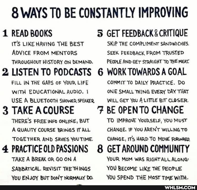 8 WAYS TO BE CONSTANTLY IMPROVING
1 READ BOOKS GET FEEDBACK & CRITIQUE IT'S LIKE HAVING THE BEST SKIP THE COMPLIMENT SANDWICHES.
ADVICE FROM MENTORS SEEK FEEDBACK FROM TRUSTED
THROUGHOUT HISTORY ON DEMAND. PEOPLE AND GET STRAIGHT To THE MEAT.
2 LISTEN TO PODCASTS 6 WORK TOWARDS A GOAL FILL IN THE GAPS OF YOUR LIFE COMMIT TO DAILY PRACTICE. Do
WITH EDUCATIONAL AUDIO. I ONE SMALL THING EVERY DAY THAT USE A BLUETOOTH SHOWER SPEAKER, WILL GET You LITTLE BIT CLOSER.
3 TAKE ACOURSE BE OPEN TO CHANGE THERE'S FREE INFo ONLINE, BUT TO IMPROVE YoURSELF, You MusT A QUALITY COURSE BRINGS IT ALL CHANGE, IF You AREN'T WILLING TO TOGETHER AND SAVES YOUTIME. CHANGE, IT's HARD TO MOVE FORWARD,
4 PRACTICEOLD PASSIONS 8 GET AROUND COMMUNITY TAKE A BREAK OR GOON A YOUR MOM WAS ALL ALONG:
SABBATICAL. REVISIT THE THINGS YOU BECOME LIKE THE PEOPLE You ENJOY BUT DON'T NORMALLY Do. YOU SPEND THE MOST TIME WITH.