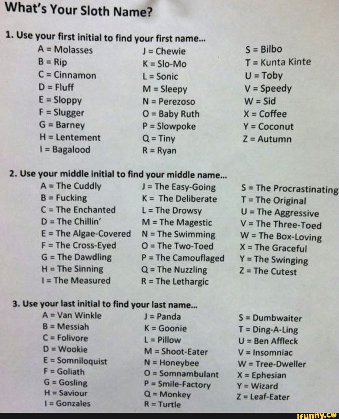 What S Your Sloth Name 1 Use Your ﬁrst Initial To Find Your First Name A Molasses J Chewie 5 Bilbº C Cinnamon L Sonic U Toby
