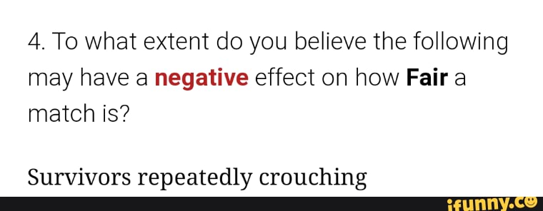 4. To what extent do you believe the following
may have a negative effect on how Fair a
match is?
Survivors repeatedly crouching