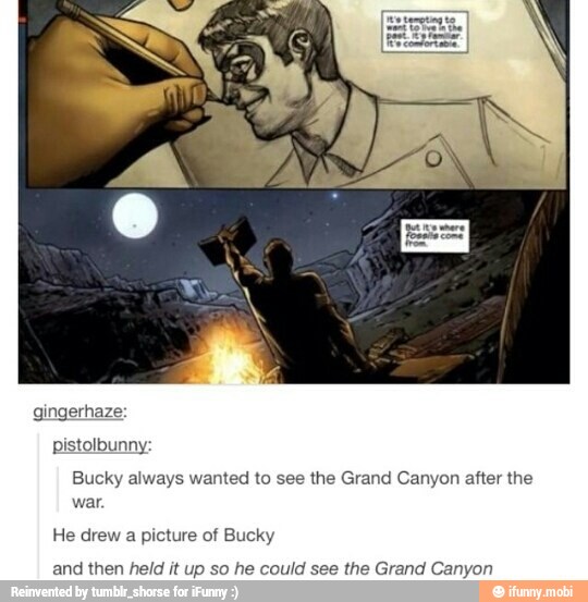 gingerhaze:
Bucky always wanted to see the Grand Canyon after the
war.
He drew a picture of Bucky
and then held it up so he could see the Grand Canyon