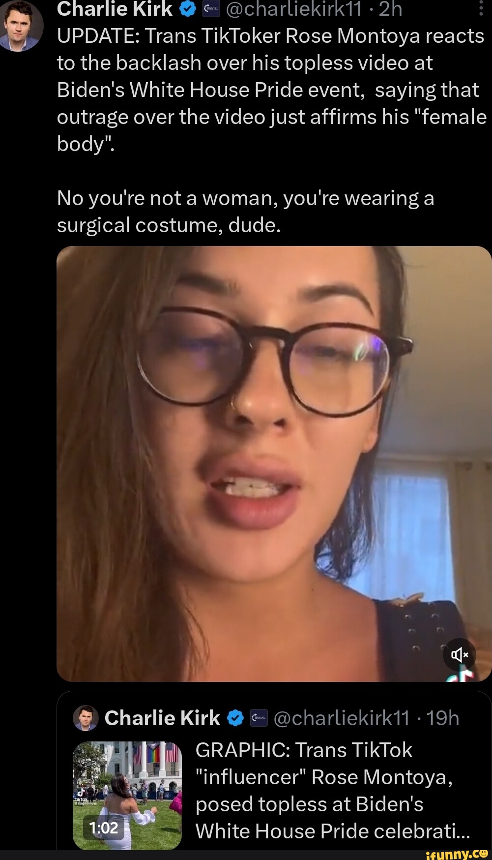 Charlie Kirk @ @charliekirk11 UPDATE: Trans TikToker Rose Montoya reacts to  the backlash over his topless video