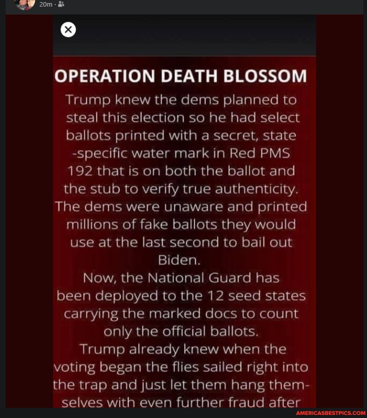 OPERATION DEATH BLOSSOM
Trump knew the dems planned to steal this election so he had select ballots printed with a secret, state
-specific water mark in Red PMS
192 that is on both the ballot and the stub to verify true authenticity.
The dems were unaware and printed millions of fake ballots they would use at the last second to bail out
Biden.
Now, the National Guard has been deployed to the 12 seed states carrying the marked docs to count only the official ballots.
Trump already knew when the voting began the flies sailed right into the trap and just let them hang them- selves with even further fraud after