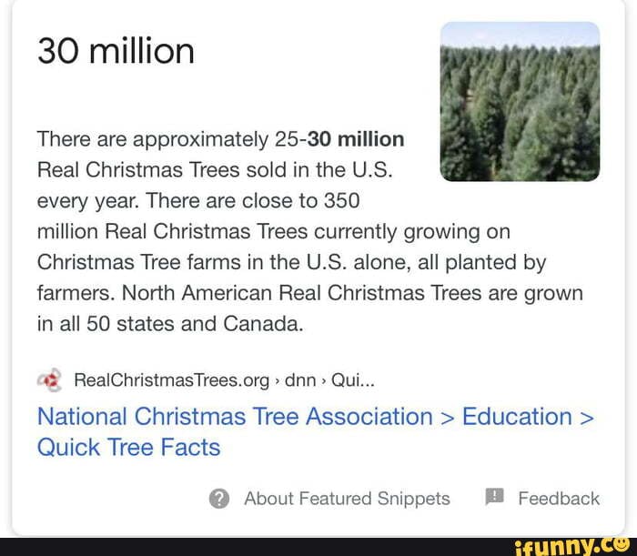 30 million
There are approximately 25-30 million
Real Christmas Trees sold in the U.S.
every year. There are close to 350
million Real Christmas Trees currently growing on
Christmas Tree farms in the U.S. alone, all planted by
farmers. North American Real Christmas Trees are grown
in all 50 states and Canada.
42 RealChristmasTrees.org National Christmas Tree Association Education Quick Tree Facts About Featured Snippets E Feedback