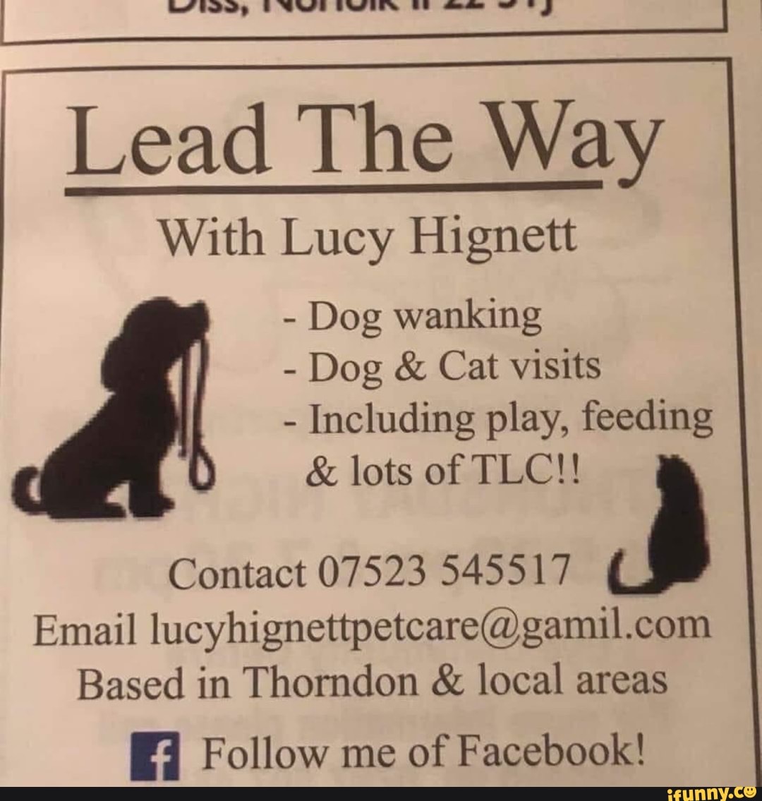 Lead The Way With Lucy Hignett Dog wanking Dog Cat visits Including play,  feeding Contact 07523 545517 A Email lucyhignettpetcare@gamil.com Based in  Thorndon local areas E Follow me of Facebook! - iFunny