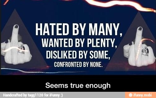 HATED BY MANY,
WANTED BY PLENTY, =
DISLIKED BY SOME,
CONFRONTED BY NONE.
Seems true enough - Seems true enough