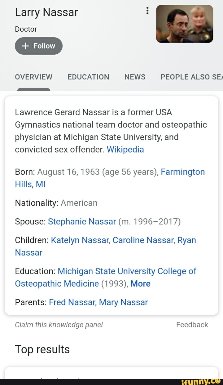 Larry Nassar E Doctor Lawrence Gerard Nassar is a former USA Gymnastics ...