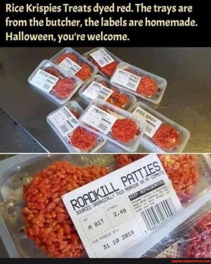 Rice Krispies Treats dyed red. The trays are from the butcher, the labels are homemade.
Halloween, you're welcome.
