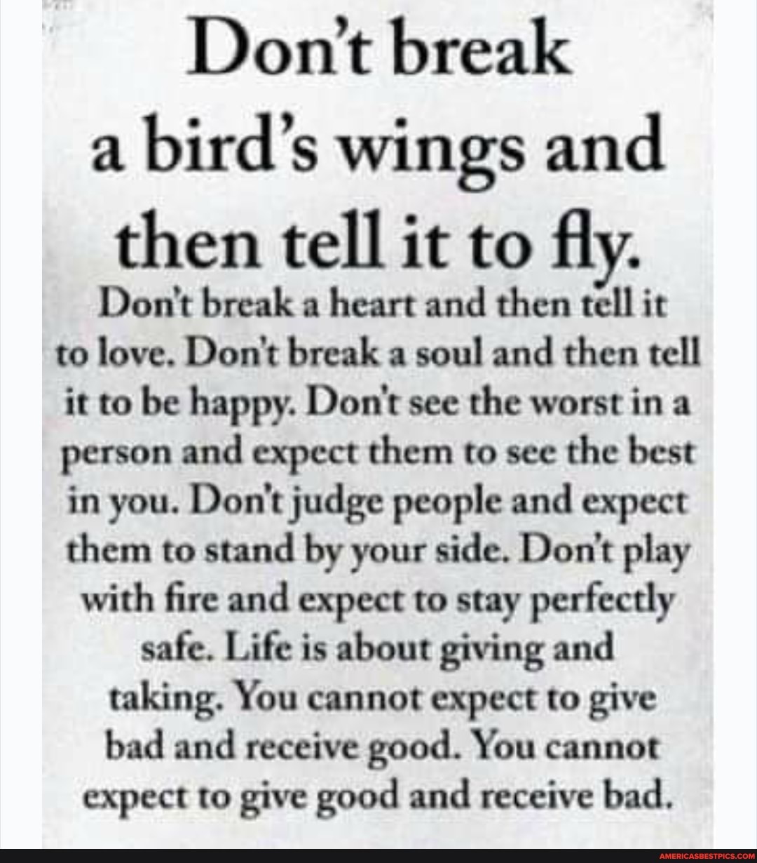 Don't break a bird's wings and then tell it to fly.
Don't break a heart and then it to love. Don't break a soul and then tell it to be happy. Don't see the worst in a person and expect them to see the best in you. Don't judge people and expect them to stand by your side. Don't play with fire and expect to stay perfectly safe. Life is about giving and taking. You cannot expect to give bad and receive good. You cannot expect to give good and receive bad.