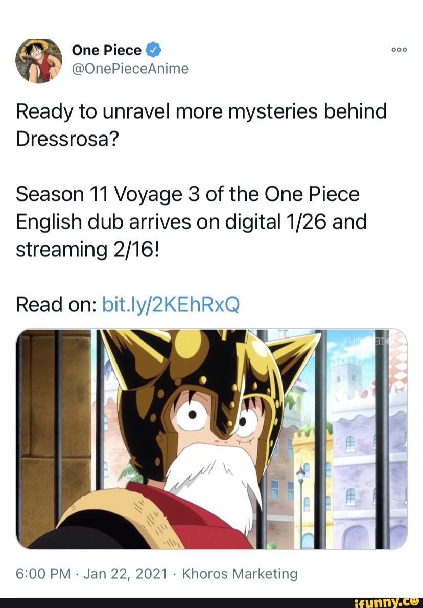 One Piece Ready To Unravel More Mysteries Behind Dressrosa Season 11 Voyage 3 Of The One Piece English Dub Arrives On Digital And Streaming Read On Pm Jan 22 21 Khoros Marketing Ifunny