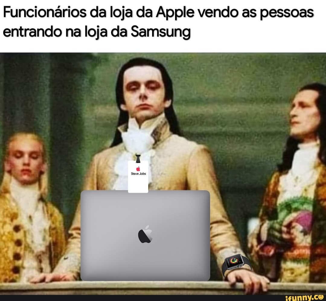 Funcionários da loja da Apple vendo as pessoas entrando na loja da Samsung
