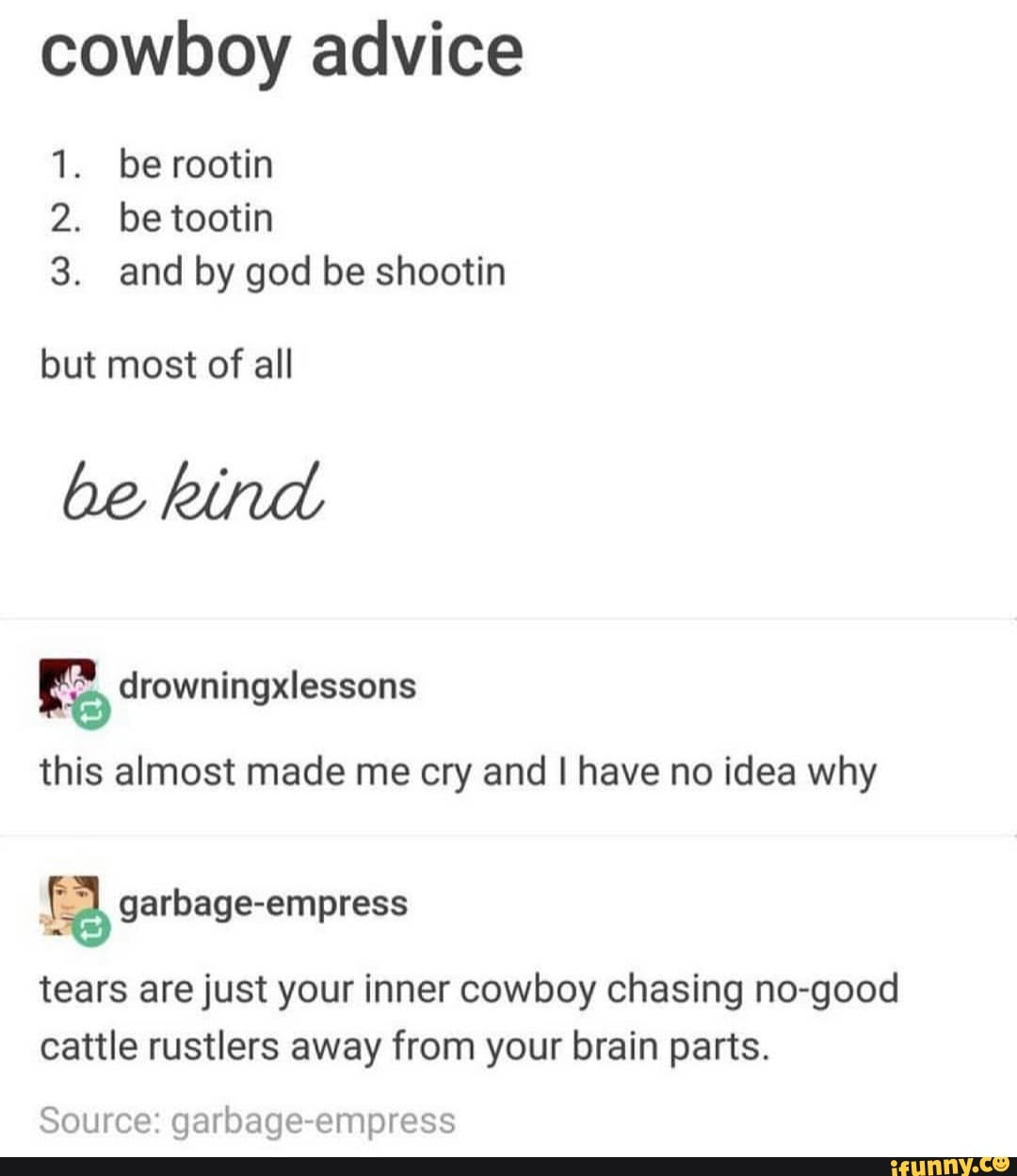 Cowboy advice 1. be rootin 2. be tootin 3. and by god be shootin but ...