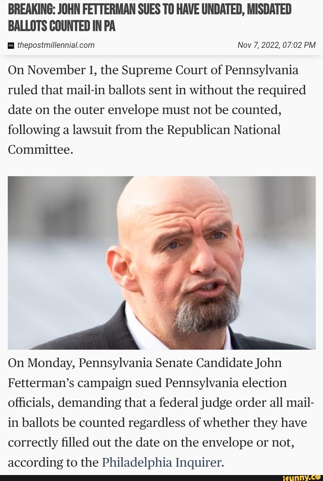 BREAKING: JOHN FETTERMAN SUES TO HAVE UNDATED, MISDATED BALLOTS COUNTED ...