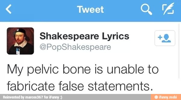 E Shakespeare Lyrics ESA
My pelvic bone is unable to
fabricate false statements.