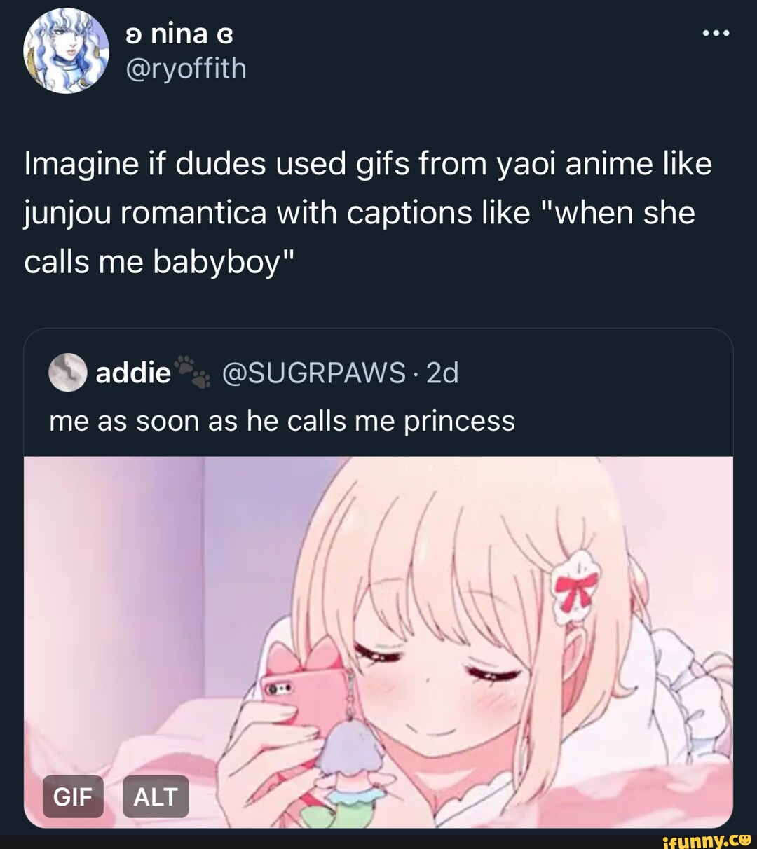 Nina @ryoffith Imagine if dudes used gifs from yaoi anime like junjou  romantica with captions like \, image size:1080x1212
