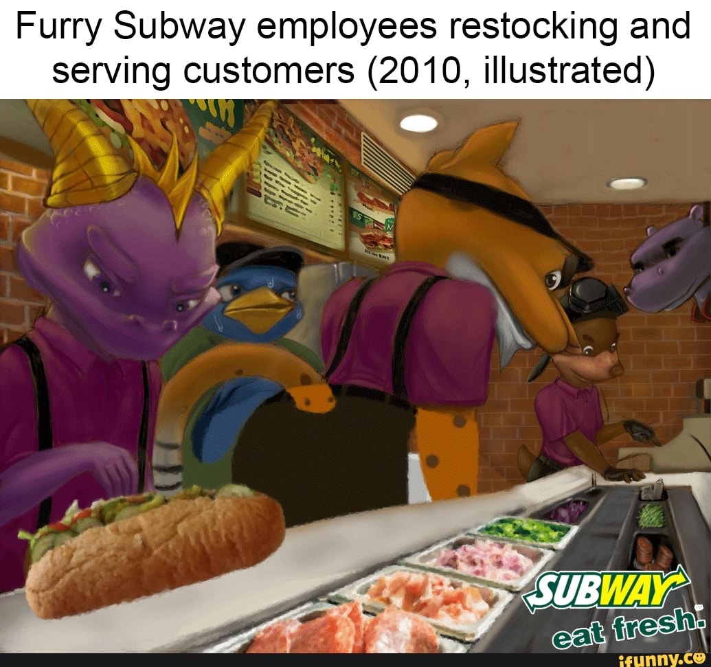 Furry Subway employees restocking and serving customers (2010, illustrated)...